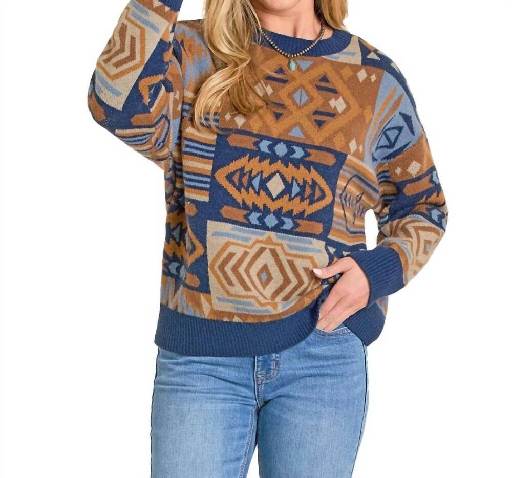 NEW PANHANDLE aztec patchwork sweater in navy/ gold